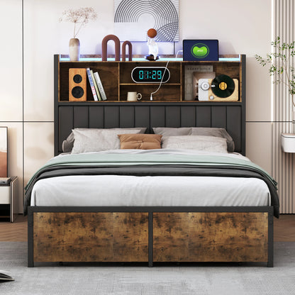 Tweepersoonsbed – 2-Persoonsbed – Ledbed – Opbergbed – Bed Met Laden – 160x200 cm – PU-Leer Hoofdbord – Verstelbare Led-Verlichting