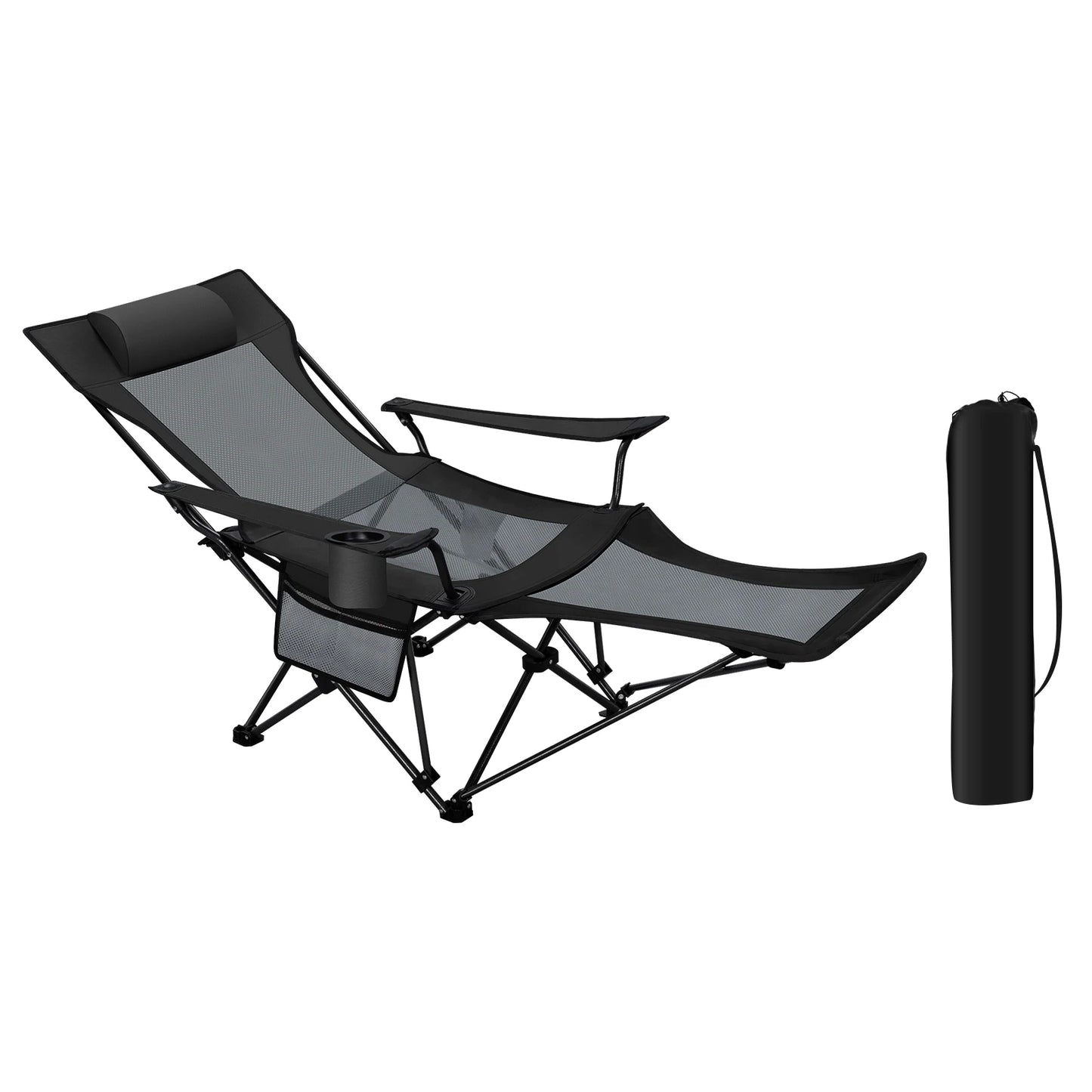 Opvouwbare Campingstoel - Kampeerstoel - Strandstoel - Verstelbare Rugleuning - Met Voetensteun - 4-in-1 Design - Lichtgewicht en Draagbaar - Voor Strand - Tuin en Outdoor - Zwart-grijs