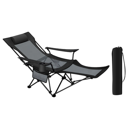 Opvouwbare Campingstoel - Kampeerstoel - Strandstoel - Verstelbare Rugleuning - Met Voetensteun - 4-in-1 Design - Lichtgewicht en Draagbaar - Voor Strand - Tuin en Outdoor - Zwart-grijs