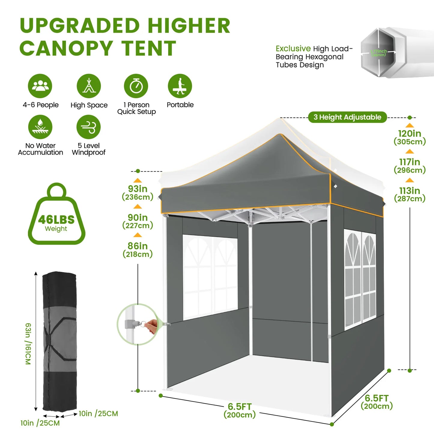 Partytent –  Pop-Up Luifel – Zonnescherm – Overkapping – Tuinpaviljoen – Waterdicht Oxford Doek – Verstelbare Hoogte - 2 x 2 Meter - Grijs