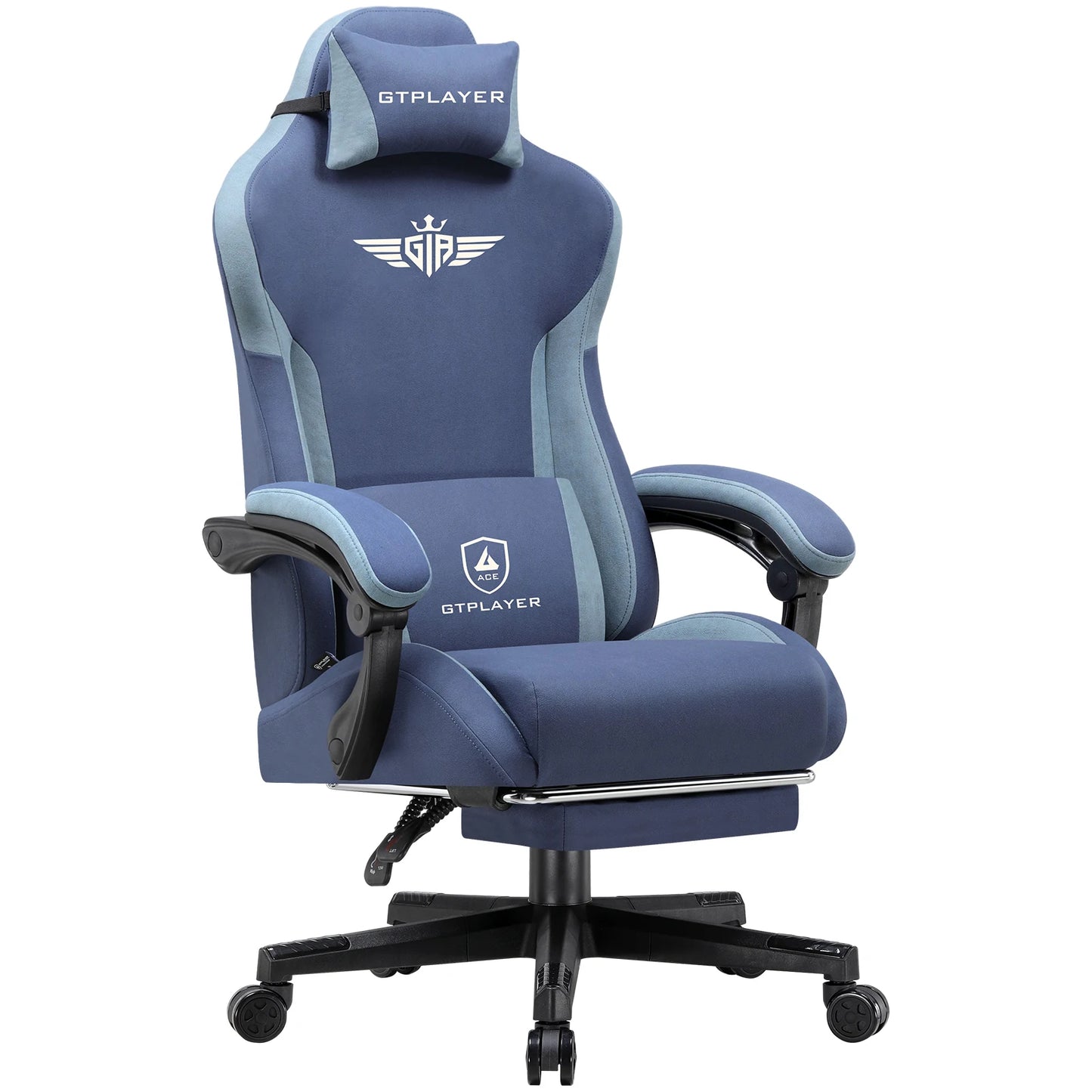 Gamingstoel – Gamestoel – Gaming Chair – Game Stoel – Bureaustoel – Ergonomische Rugleuning – Ademend Stof – Verstelbaar tot 165° – Uittrekbare Voetensteun – Max 150 kg – Blauw - QUORE