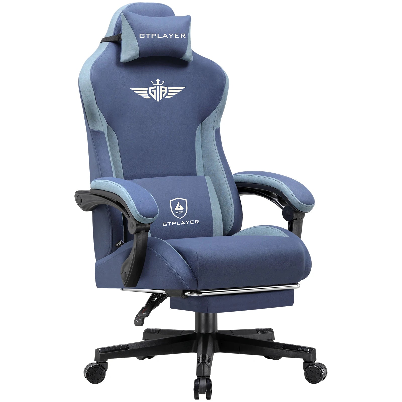 Gamingstoel – Gamestoel – Gaming Chair – Game Stoel – Bureaustoel – Ergonomische Rugleuning – Ademend Stof – Verstelbaar tot 165° – Uittrekbare Voetensteun – Max 150 kg – Blauw - QUORE