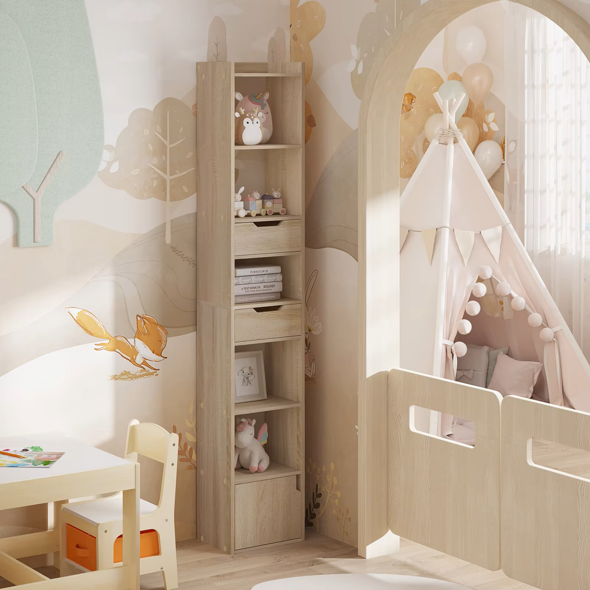 Boekenkasten - Boekenrek - Smalle Hoge Plank - boekenkasten hout - Met 6 Compartimenten - 2 Laden - 33x181x24 cm - Laadvermogen 50 kg - Lichte Eik