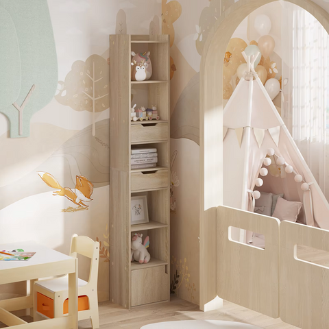 Boekenkasten - Boekenrek - Smalle Hoge Plank - boekenkasten hout - Met 6 Compartimenten - 2 Laden - 33x181x24 cm - Laadvermogen 50 kg - Lichte Eik