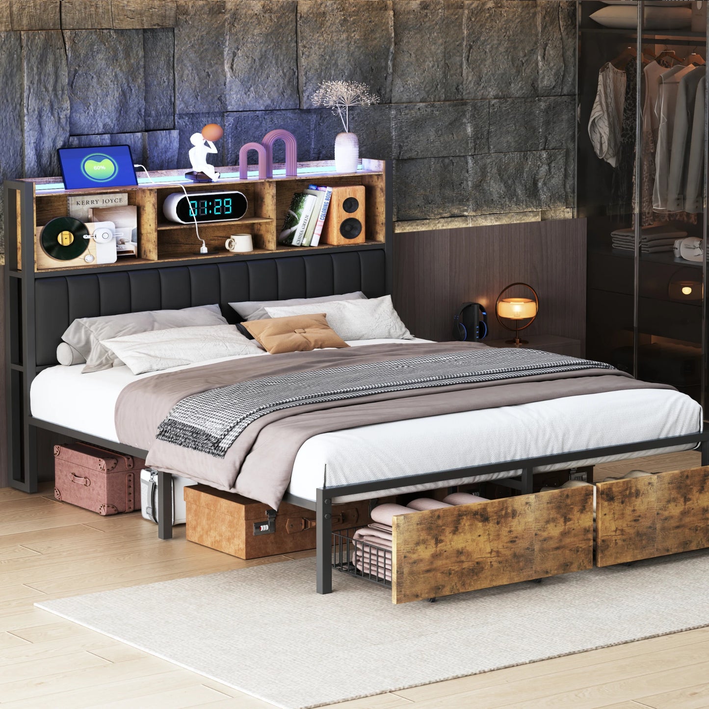 Tweepersoonsbed – 2-Persoonsbed – Ledbed – Opbergbed – Bed Met Laden – 160x200 cm – PU-Leer Hoofdbord – Verstelbare Led-Verlichting