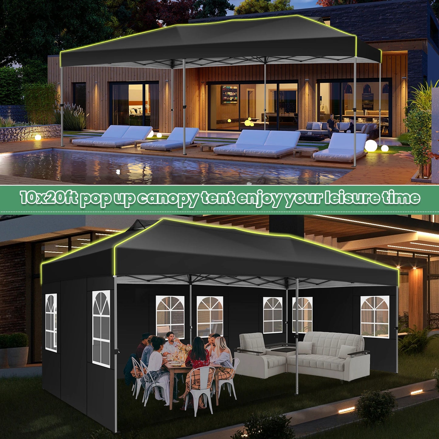 Tuinpaviljoen – Partytent – Prijstent – Inklapbare Feesttent – Tuinkamer – Overkapping – Waterdicht 210D Oxford Materiaal – UPF 50+ UV Bescherming - 3x6m - Zwart - QUORE