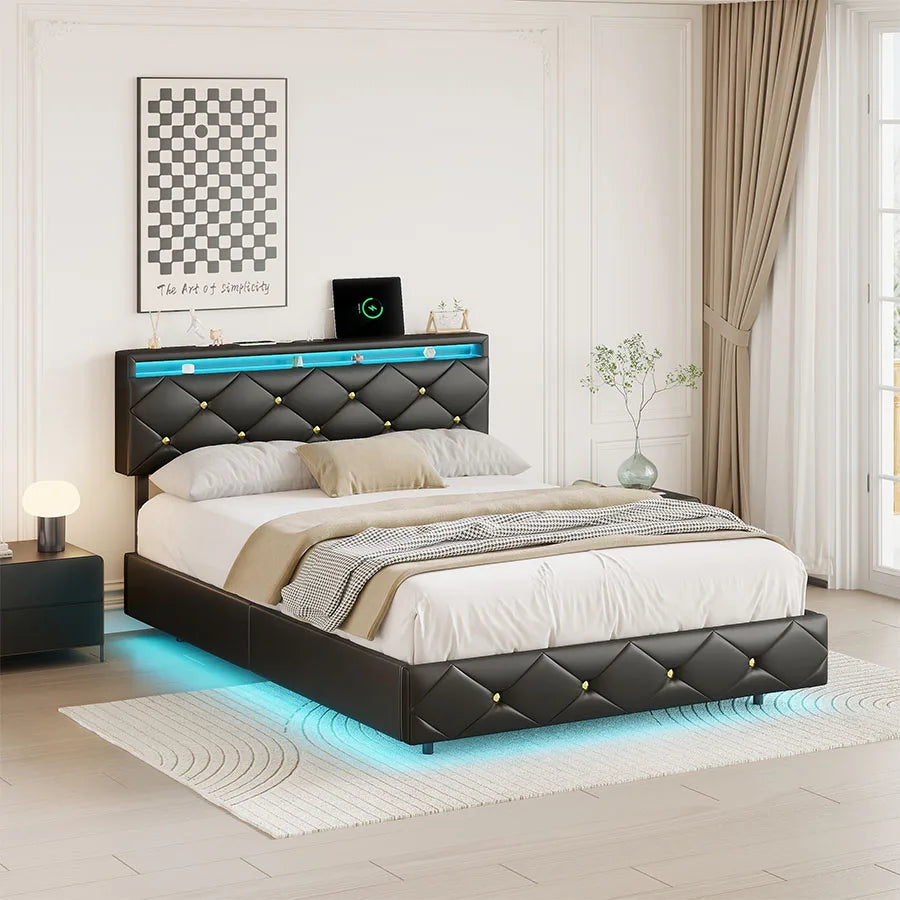 Tweepersoonsbed – Gestoffeerd Bed – 2-persoonsbed – Platformbed – Bedframe – 160x200 cm – Verstelbaar Hoofdeinde – Ingebouwde LED-verlichting