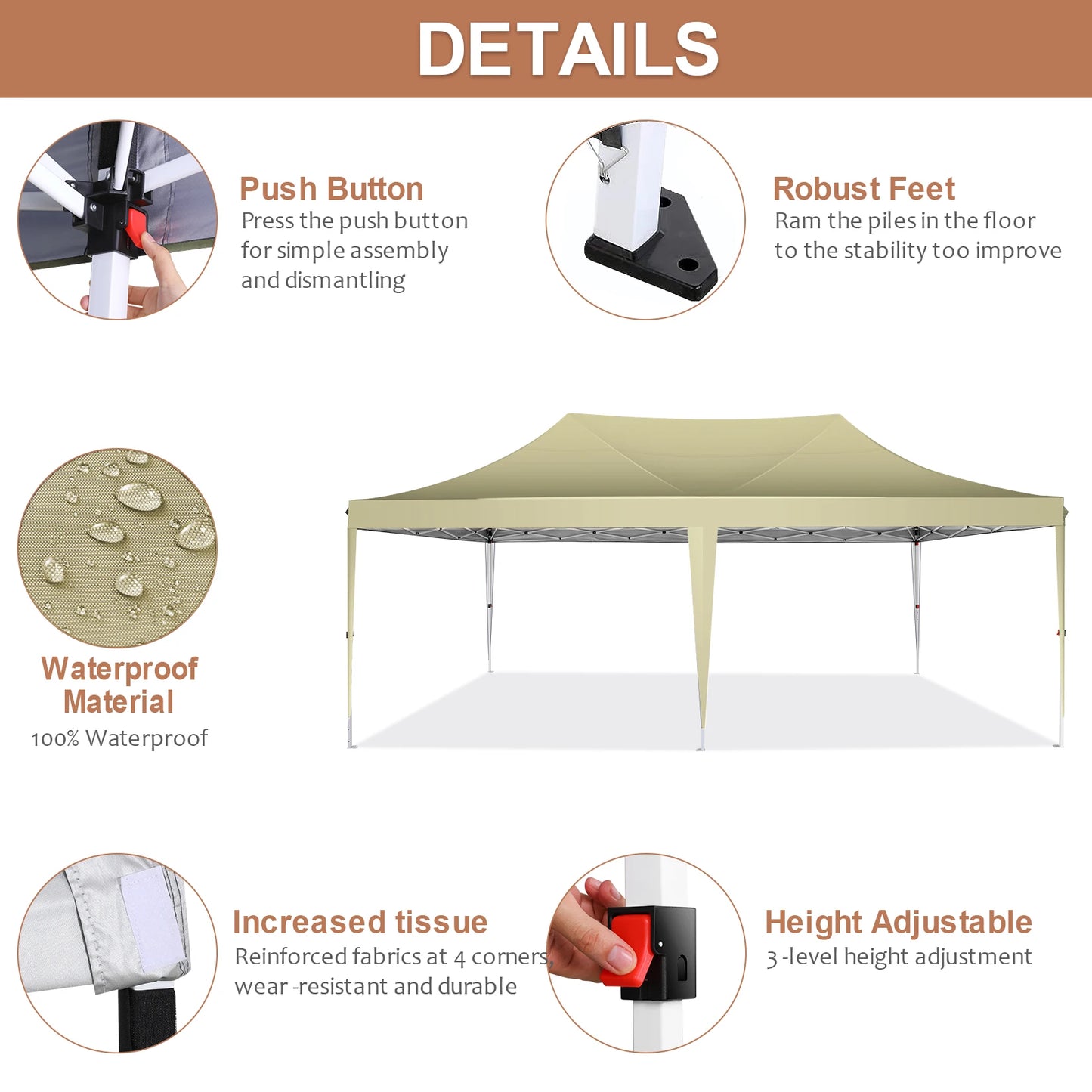 Tuinpaviljoen –  Paviljoen – Partytent – Opvouwbare Tent – Overdekt 18 m² – Waterdicht 210D Oxford – Verstelbaar Op 3 Hoogtes - 3x6m - Khaki