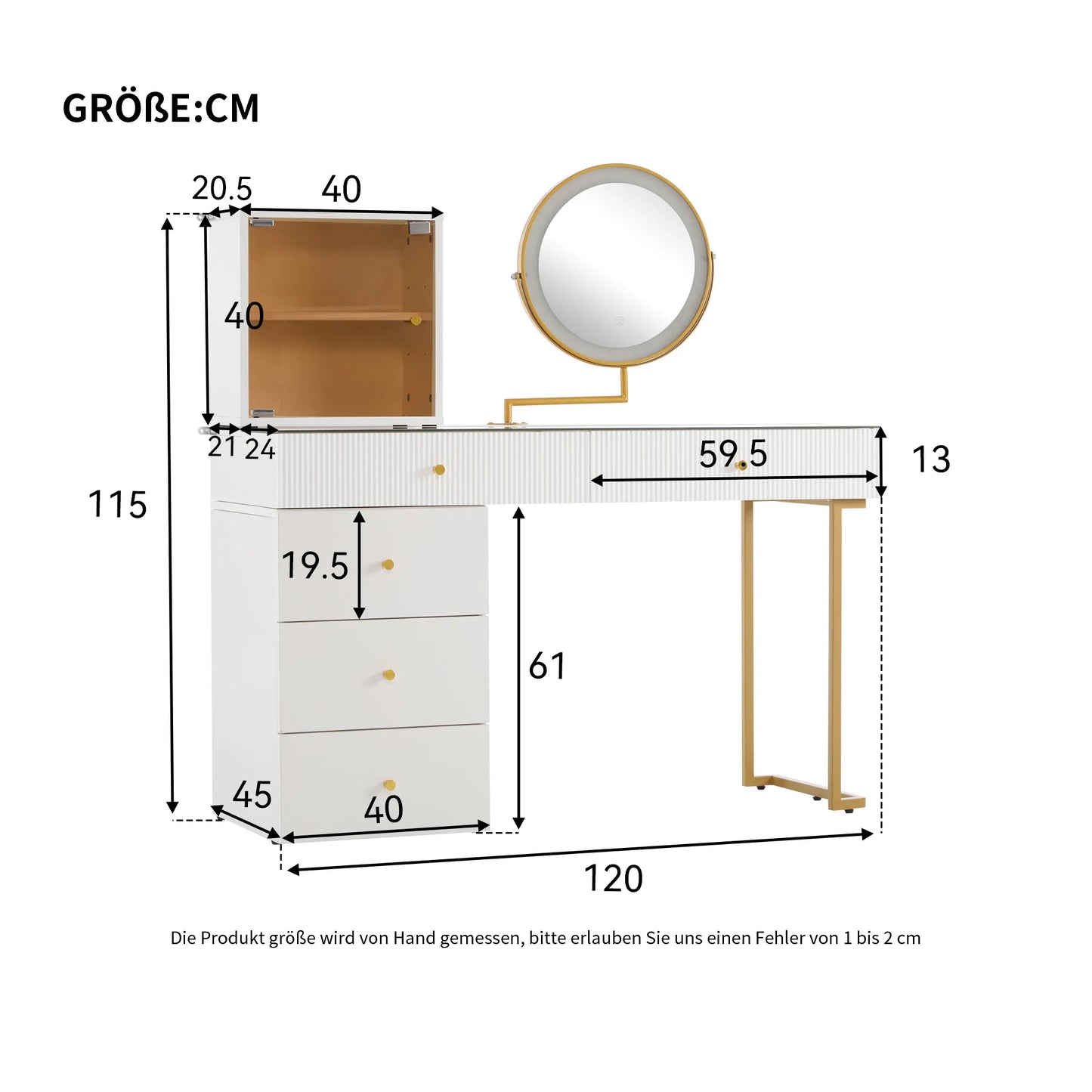 Make-uptafel – Kaptafel – Schminktisch – Visagie tafel – Make-up bureau – Wit – LED-verlichting met 3 lichtkleuren – Robuust metalen frame en glanzend glazen blad