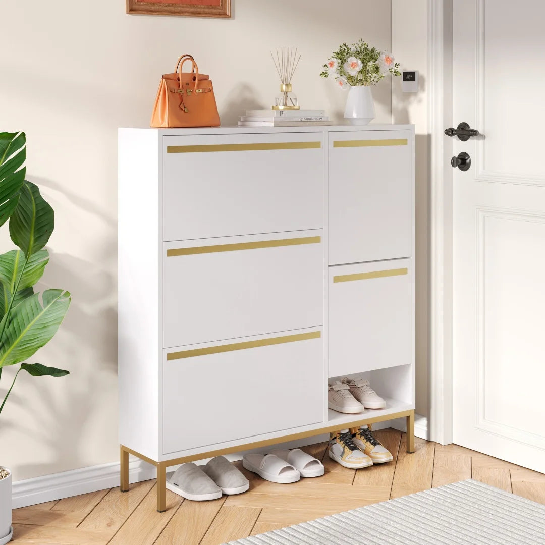 Schoenenkast – Schoenopberger – Schoenrek – Schoenmeubel – Zitbank – Uitschuifbaar – MDF – 15-22 Paar Schuien - 105 x 115,5 x 25 - Wit