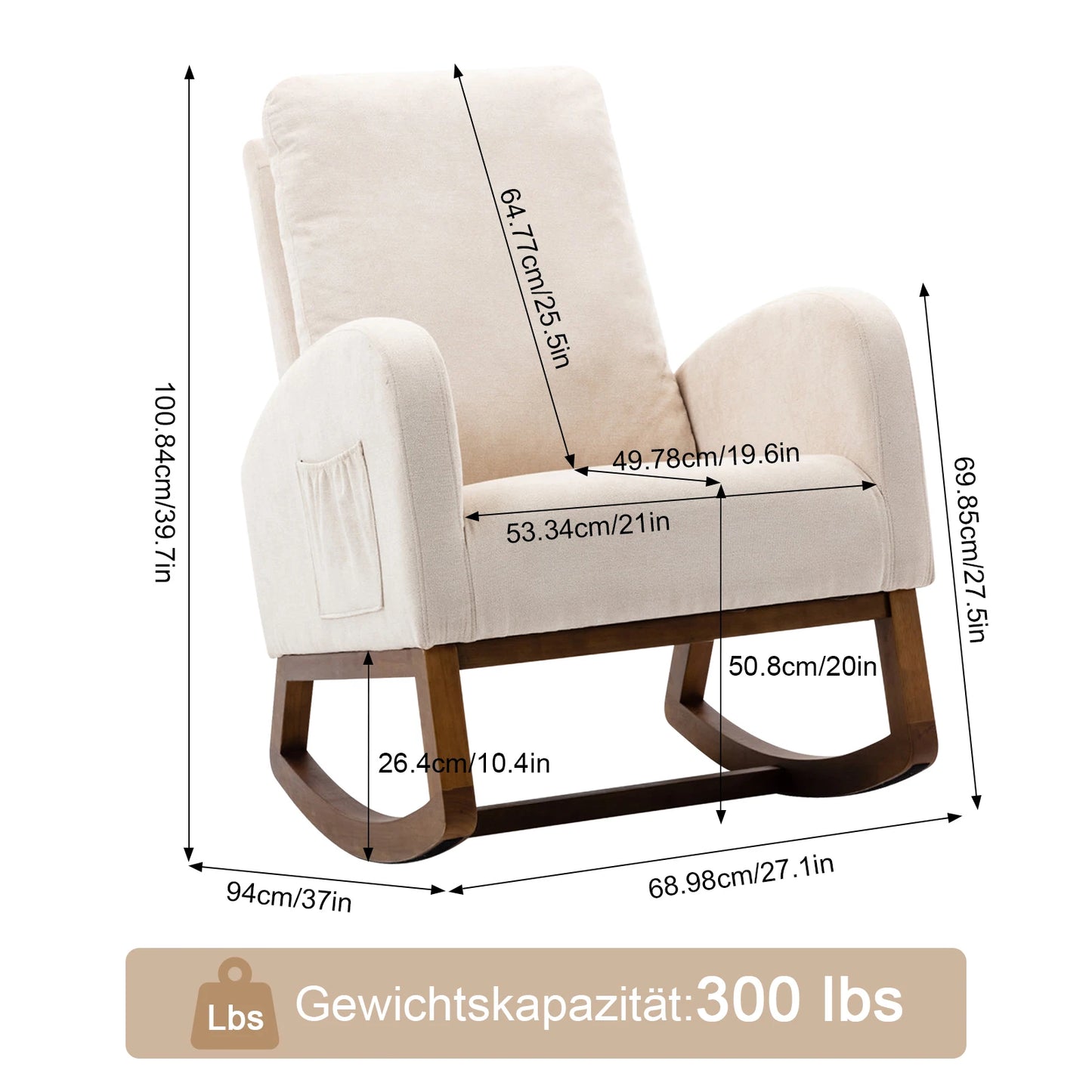 Schommelstoel – Schommelstoel Met Kussen – Relaxstoel – Houten Stoel – Ergonomisch Ontwerp – Hoog Rugleuning – Linnen Kussen - 68.98 x 94 x 100.84 cm - Beige