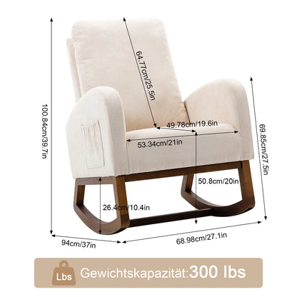 Schommelstoel – Schommelstoel Met Kussen – Relaxstoel – Houten Stoel – Ergonomisch Ontwerp – Hoog Rugleuning – Linnen Kussen - 68.98 x 94 x 100.84 cm - Beige