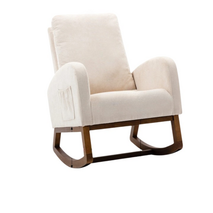 Schommelstoel – Schommelstoel Met Kussen – Relaxstoel – Houten Stoel – Ergonomisch Ontwerp – Hoog Rugleuning – Linnen Kussen - 68.98 x 94 x 100.84 cm - Beige
