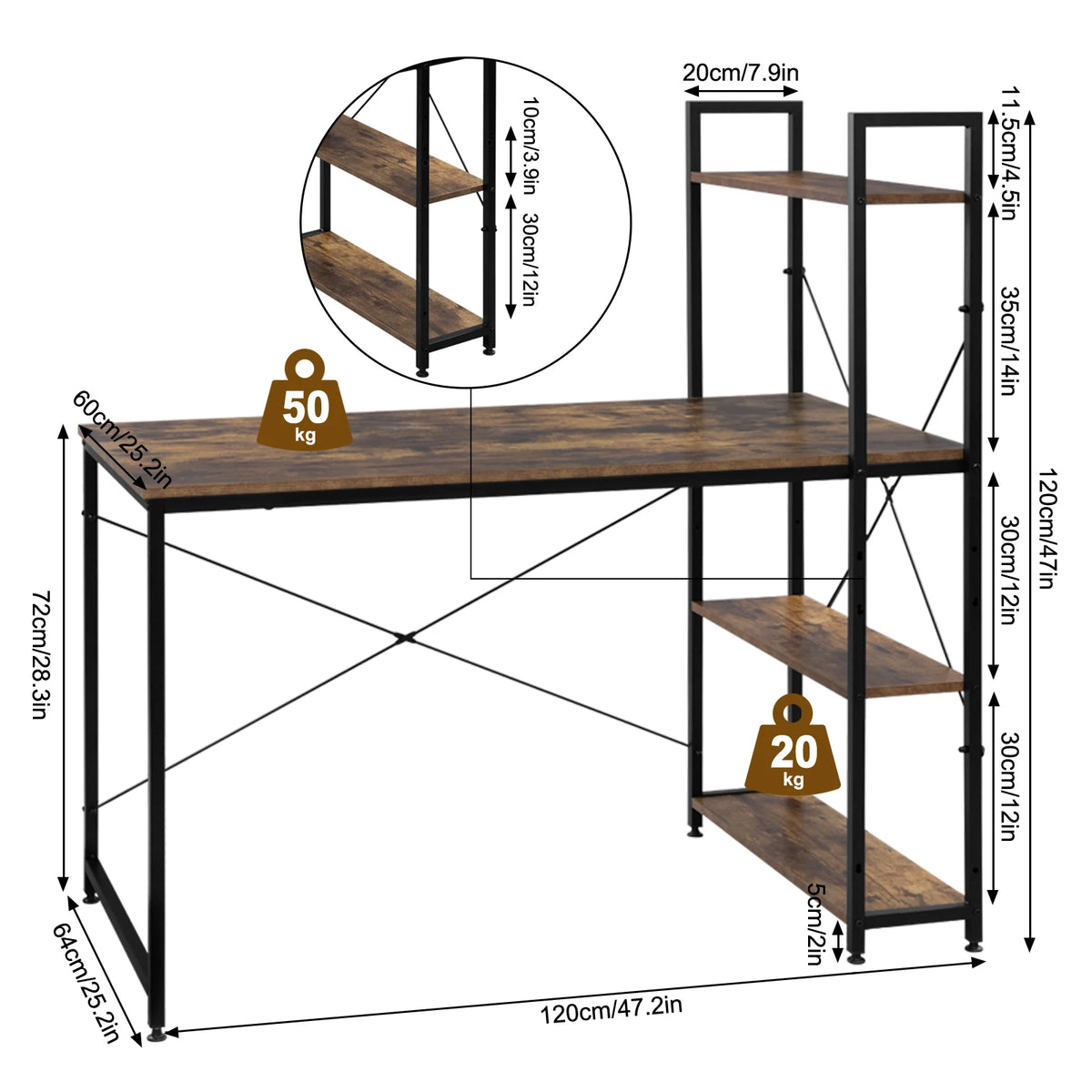 Desk - Corner Desk - Computer Table - Office Desk - with 4 Shelves - Compact Workstation - For Gaming - Studying - Office - Laptop or PC Table - E1 Wood &amp; Metal - 120x64x120 cm - Light Oak and White