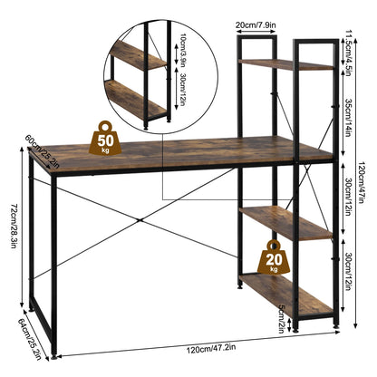 Desk - Corner Desk - Computer Table - Office Desk - with 4 Shelves - Compact Workstation - For Gaming - Studying - Office - Laptop or PC Table - E1 Wood &amp; Metal - 120x64x120 cm - Light Oak and White