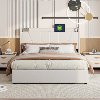 Comanlai 140 x 200 cm Upholstered Bed,Hydraulic Storage Bed,with USB and Type-C,Youth Bed,Without Mattress,Linen Fabric,Beige