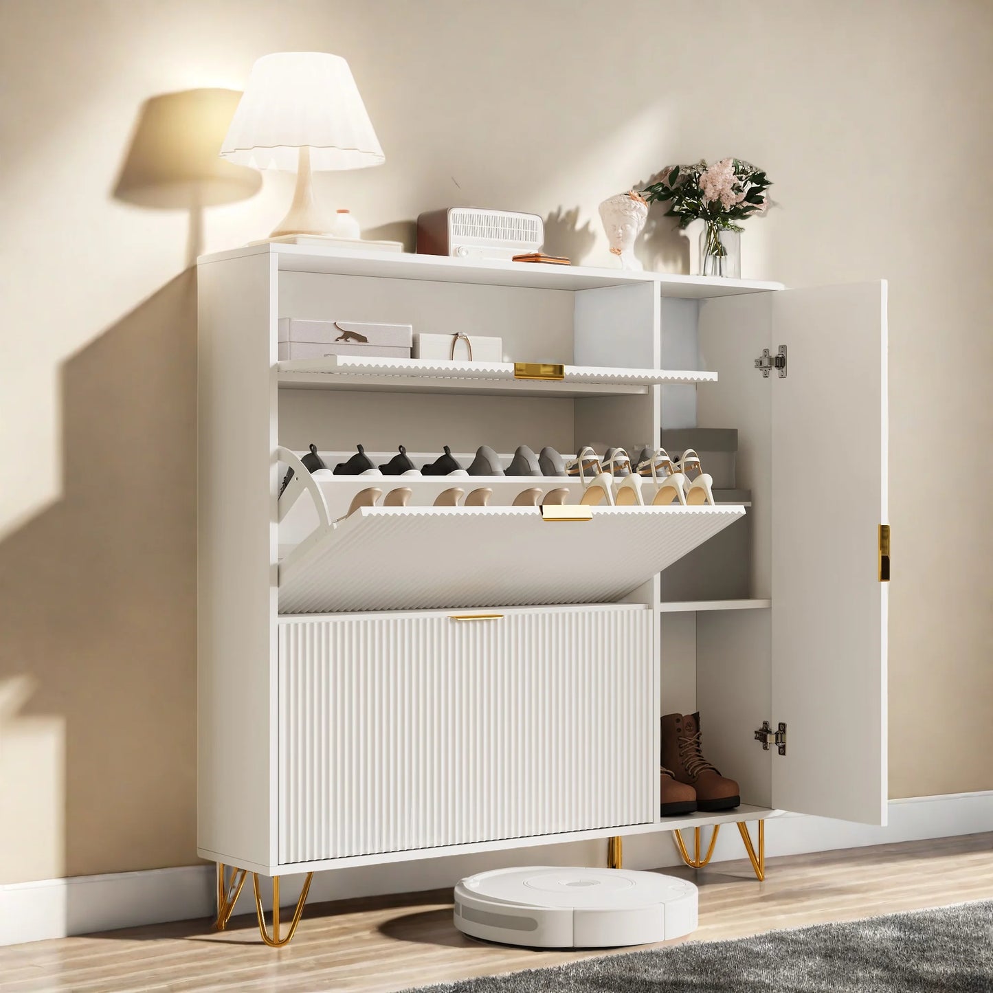 Schoenenkast – Schoenenrek – Schoenopbergkast – Schoenenkastje – Schoenmeubel – Witte Schoenenkast Met Zijvak Voor Laarzen – 2 Lades – Compact Ontwerp