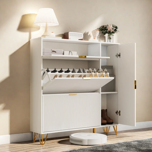 Schoenenkast – Schoenenrek – Schoenopbergkast – Schoenenkastje – Schoenmeubel – Witte Schoenenkast Met Zijvak Voor Laarzen – 2 Lades – Compact Ontwerp