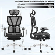 Ergonomische Bureaustoel - Bureau - Stoelen - Verstelbare Hoofdsteun - Lendensteun - 3D Armleuningen - Voetsteun - Draaibaar - 150 kg Draagkracht - Zwart
