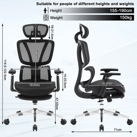 Ergonomische Bureaustoel - Bureau - Stoelen - Verstelbare Hoofdsteun - Lendensteun - 3D Armleuningen - Voetsteun - Draaibaar - 150 kg Draagkracht - Zwart