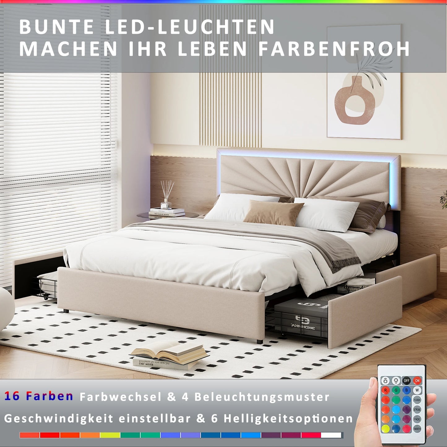 Anajqaqia 160x200cm Double Bed, Functional Bed with Backrest Headboard, with Storage Drawers and LED Lighting, Linen, Beige