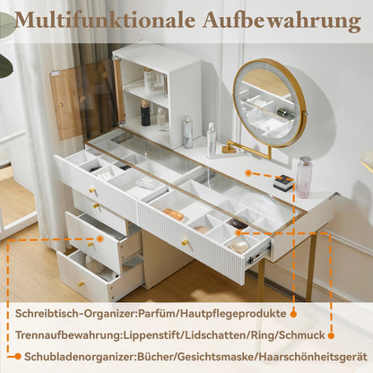 Make-uptafel – Kaptafel – Schminktisch – Visagie tafel – Make-up bureau – Wit – LED-verlichting met 3 lichtkleuren – Robuust metalen frame en glanzend glazen blad
