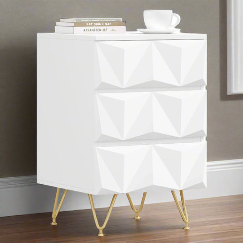 Nachtkastje – 3D-Effect Laden – Opbergkast met 3 Lades – Modern & Stijlvol – Metalen Poten – 40x53x40 cm – Wit