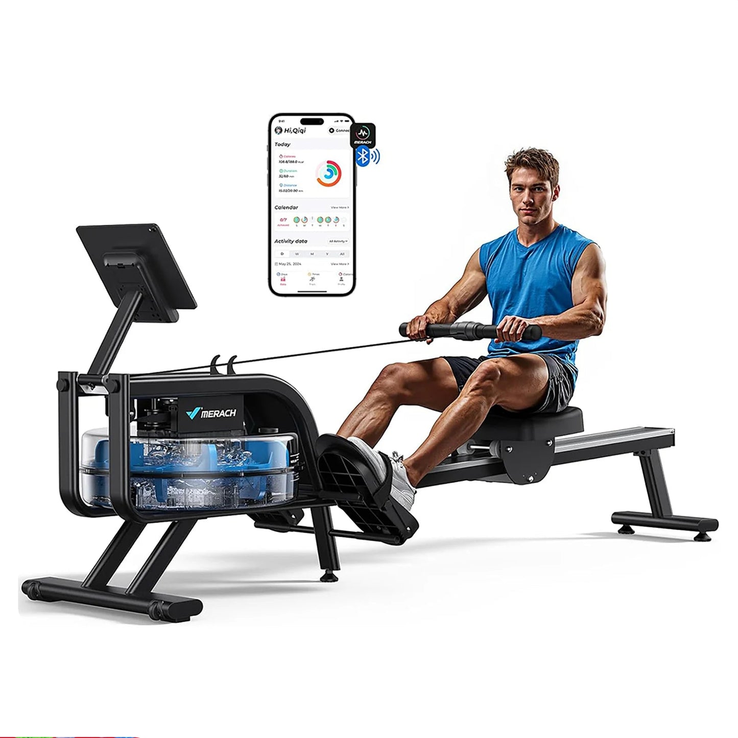Waterroeimachine – Roeitrainer – Fitness Roeier – Cardiotrainer – Indoor Rower – Natuurlijke Waterweerstand – Bluetooth Trainingsmonitor - QUORE