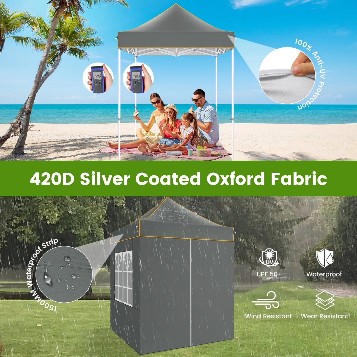 Partytent –  Pop-Up Luifel – Zonnescherm – Overkapping – Tuinpaviljoen – Waterdicht Oxford Doek – Verstelbare Hoogte - 2 x 2 Meter - Grijs