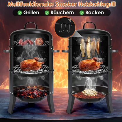 3-in-1 - Houtskoolgrill - BBQ-rokergrill -  Draagbare Verticale Grillkoker - met Ingebouwde Thermometers - Verstelbare Ventilatiesystemen - Klassieke Stijl - voor Buitenkoken - BBQ - 44.5 x 80 cm - Zwart