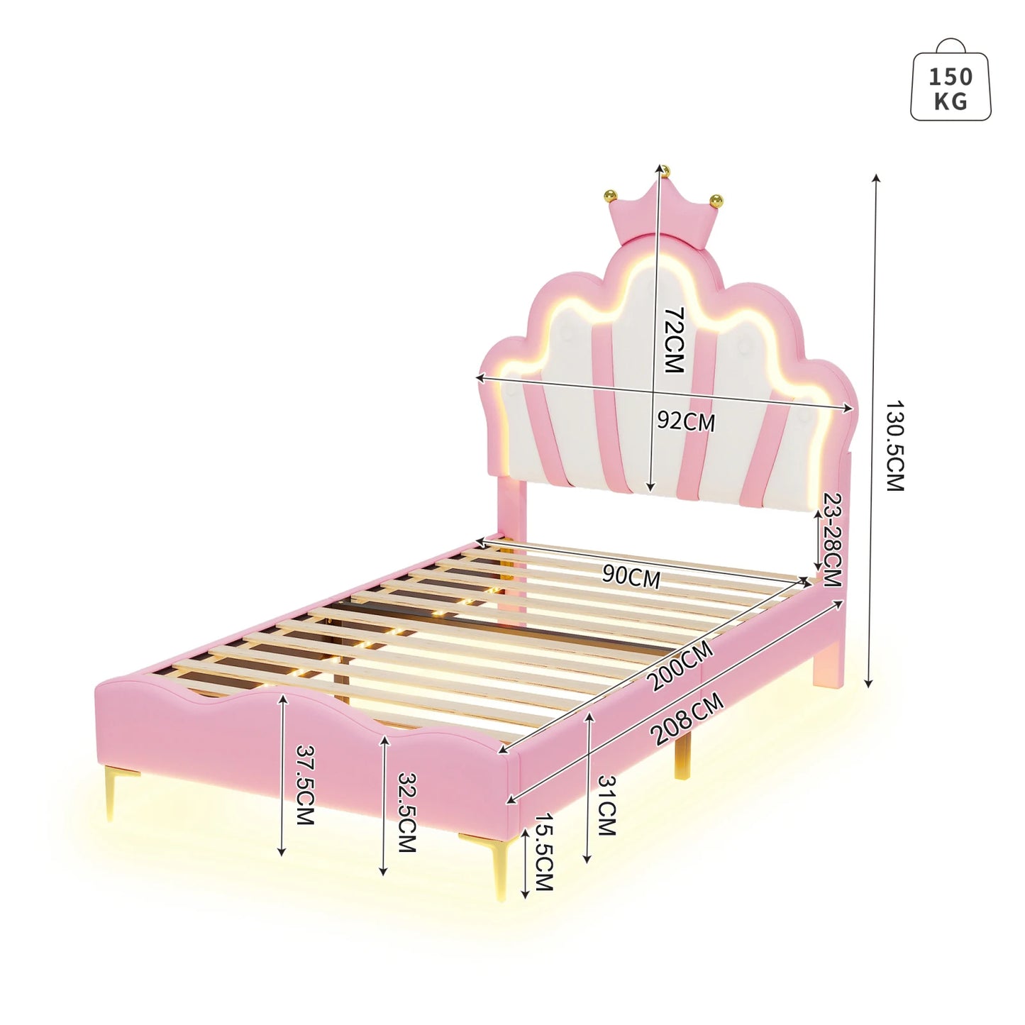 Kinderbed – Eenpersoonsbed – Kinderbedje – Bed Met LED – Prinsessenbed – Met Pixel LED-Verlichting – Kroonvormig Hoofdeinde – PU Leren Bekleding – 90x200 cm – Verstelbare Hoogte - QUORE
