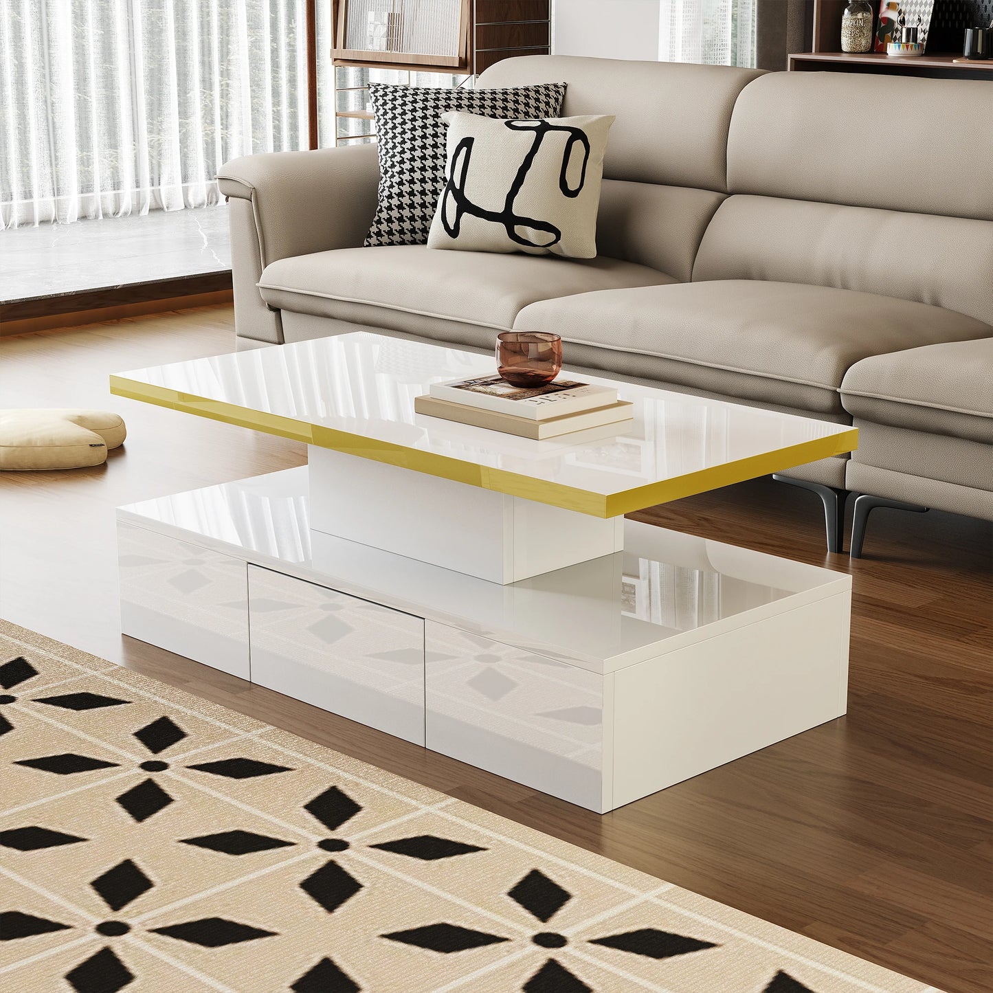 Salontafel – Koffietafel – Woonkamertafel – Tafel – Hoogglans Wit – Twee Niveaus – Verborgen Lade -  Wit en Zwart