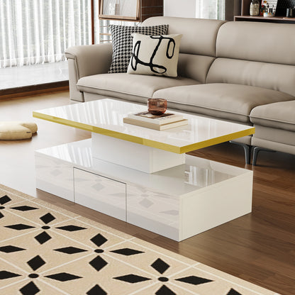 Salontafel – Koffietafel – Woonkamertafel – Tafel – Hoogglans Wit – Twee Niveaus – Verborgen Lade -  Wit en Zwart