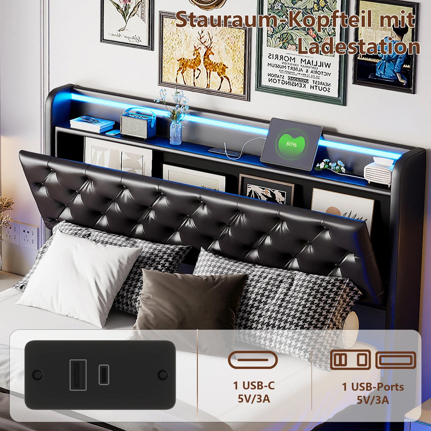 Led Boxspringbed – Gestoffeerd Bed – Hydraulisch Bed – Tweepersoonsbed – Opbergruimte Bed – 140x200 cm – PU Kunstleer Zwart – LED Verlichting en USB Oplaadpunt
