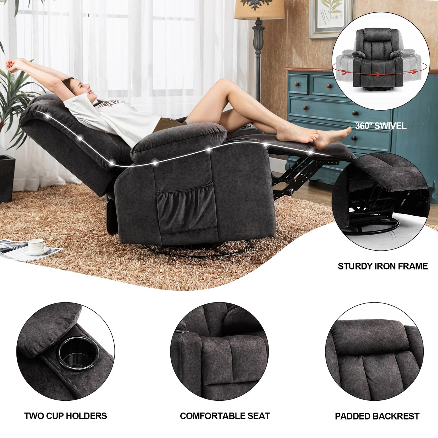 Relaxstoel – Relaxfauteuil – Verstelbare Stoel – Draaibare Fauteuil – Ligstoel – Fauteuil Met Voetsteun – Stoffen Bekleding – Maximaal 150 Kg Draagvermogen - 95.2 x 95.2 x 99.2 cm - Grijs