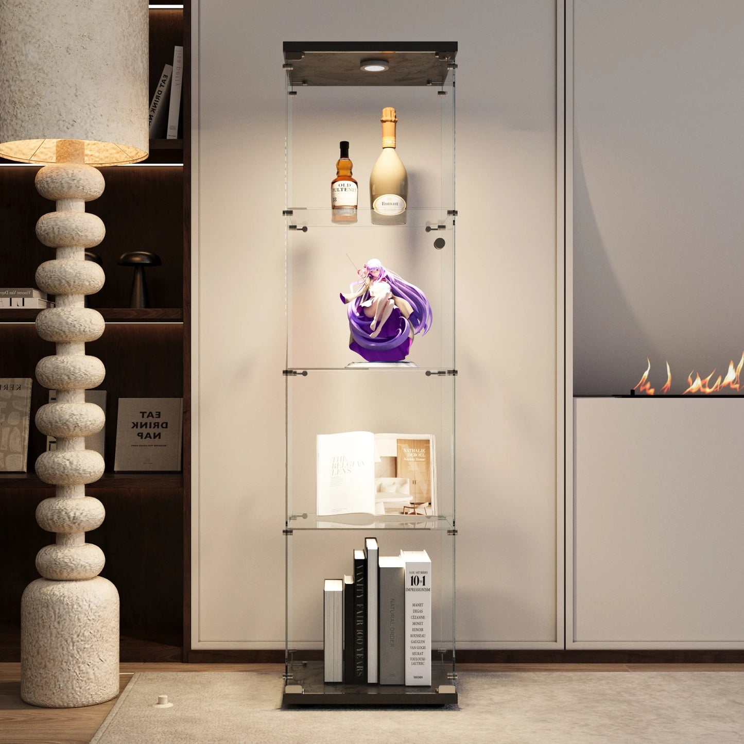 Vitrinekast – Glazen kast – Opbergkast – Verzamelkast – Displaykast – Temperglaasde deuren – LED-verlichting – 4 glazen planken – Met slot – Zwart