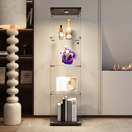 Vitrinekast – Glazen kast – Opbergkast – Verzamelkast – Displaykast – Temperglaasde deuren – LED-verlichting – 4 glazen planken – Met slot – Zwart