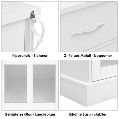 Witte Keukenkast – Buffetkast – Dressoir – Opbergkast – Kast Met Glazen Deuren – 108x38x98,5 cm – Houtpaneel En Gehard Glas