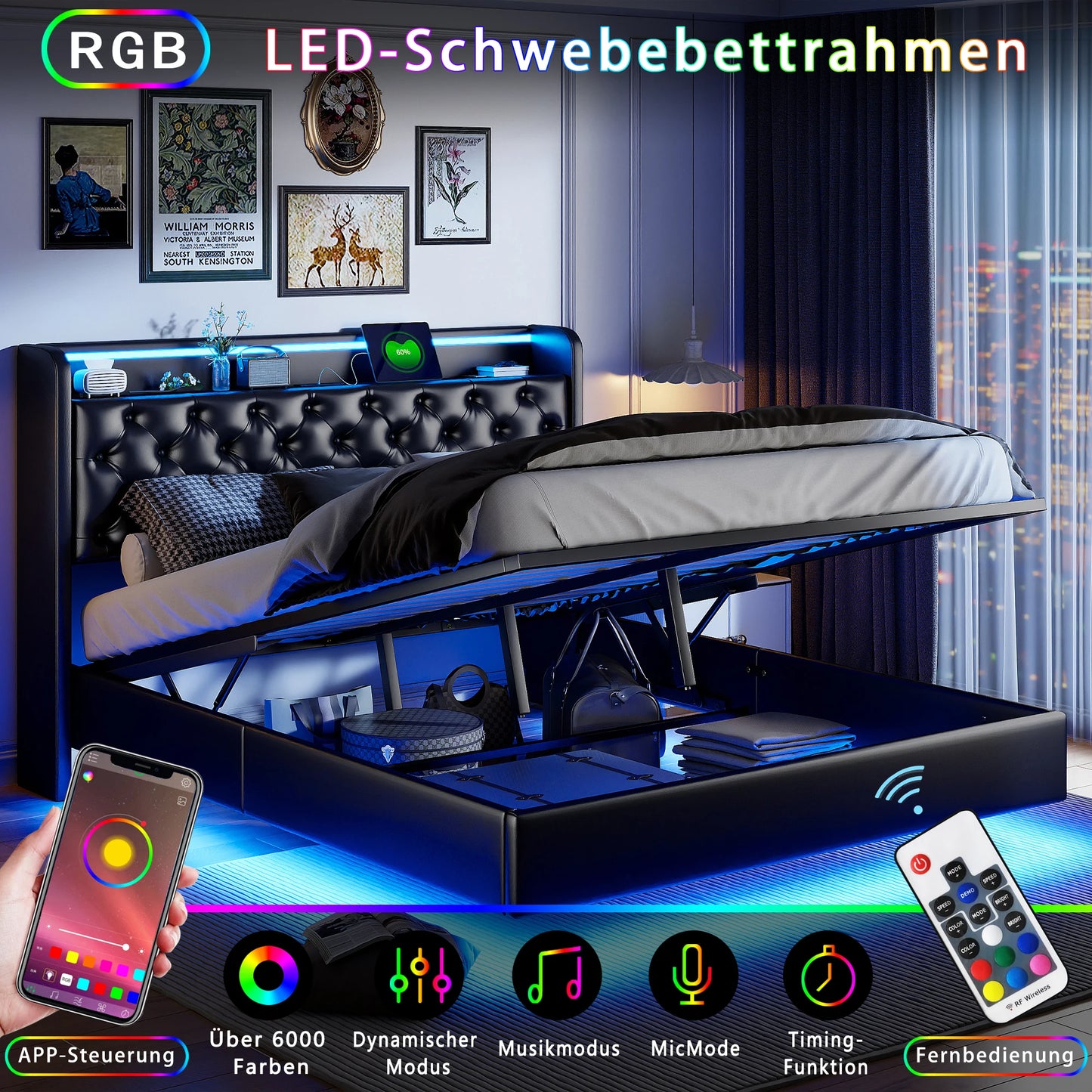 Led Boxspringbed – Gestoffeerd Bed – Hydraulisch Bed – Tweepersoonsbed – Opbergruimte Bed – 140x200 cm – PU Kunstleer Zwart – LED Verlichting en USB Oplaadpunt