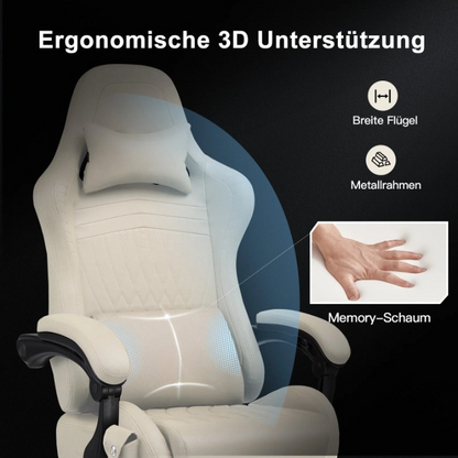 Gaming Stoel - Bureaustoel - Swivel Stoel - met Voetsteun - Hoofdsteun - Luidspreker - Verstelbare - Rugleuning - Lendenkussen - Ergonomische - Draaibare -  Leer - 55 x 59 x 130 cm - Ivoor