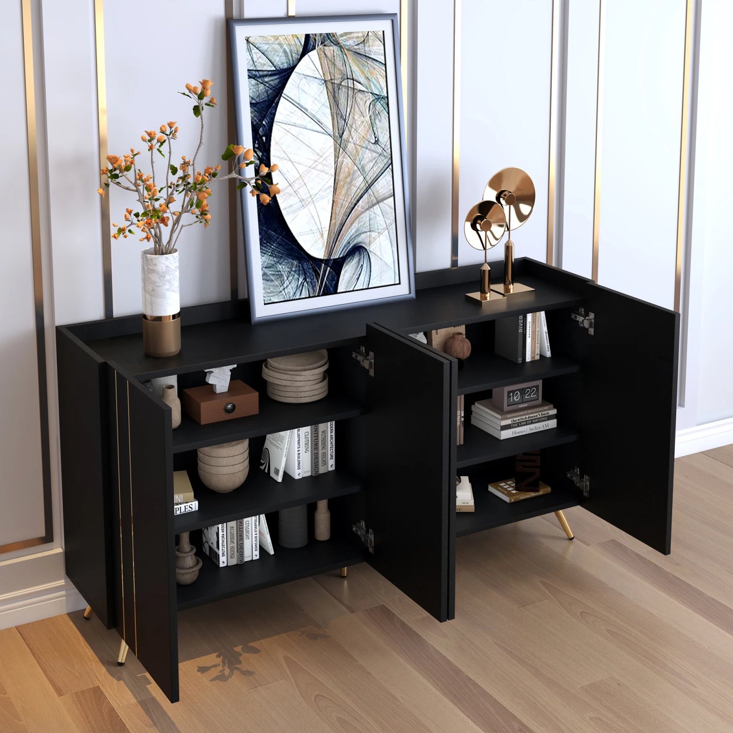 Opbergkast – Opbergmeubel – Kast Met Deuren – Bergkast – 160x38x80 Cm – Verstelbare Legplanken – Gouden Accenten - Zwart