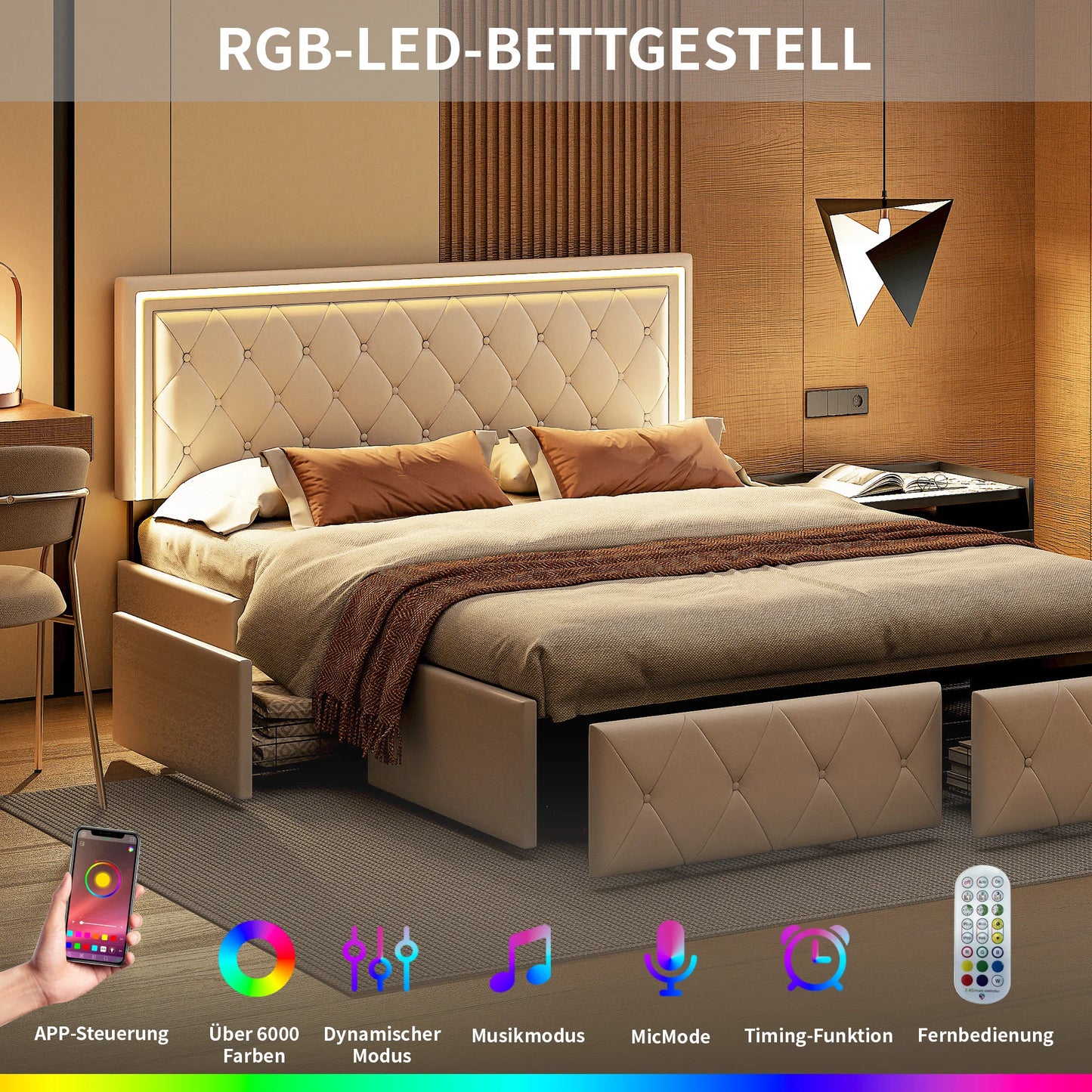 Modern Bed – Bedframe – Ledikant – Slaapbank – Bedkast – Wit 160x200 cm – Opberglades – LED-Verlichting