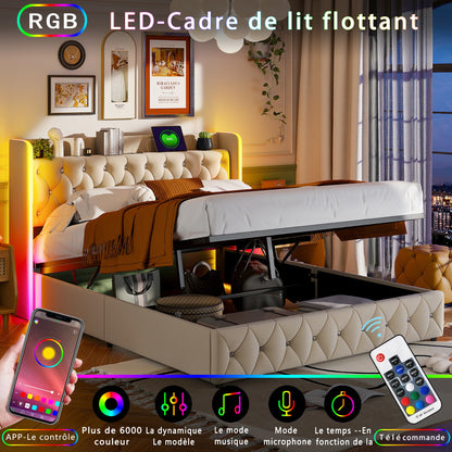 Bedkasten – Opbergbed – Tweepersoonsbed – Nachtkastje – Boxspring – 160x200 cm – Velvet Bekleding – Met LED Hoofdbord en USB Oplaadstation