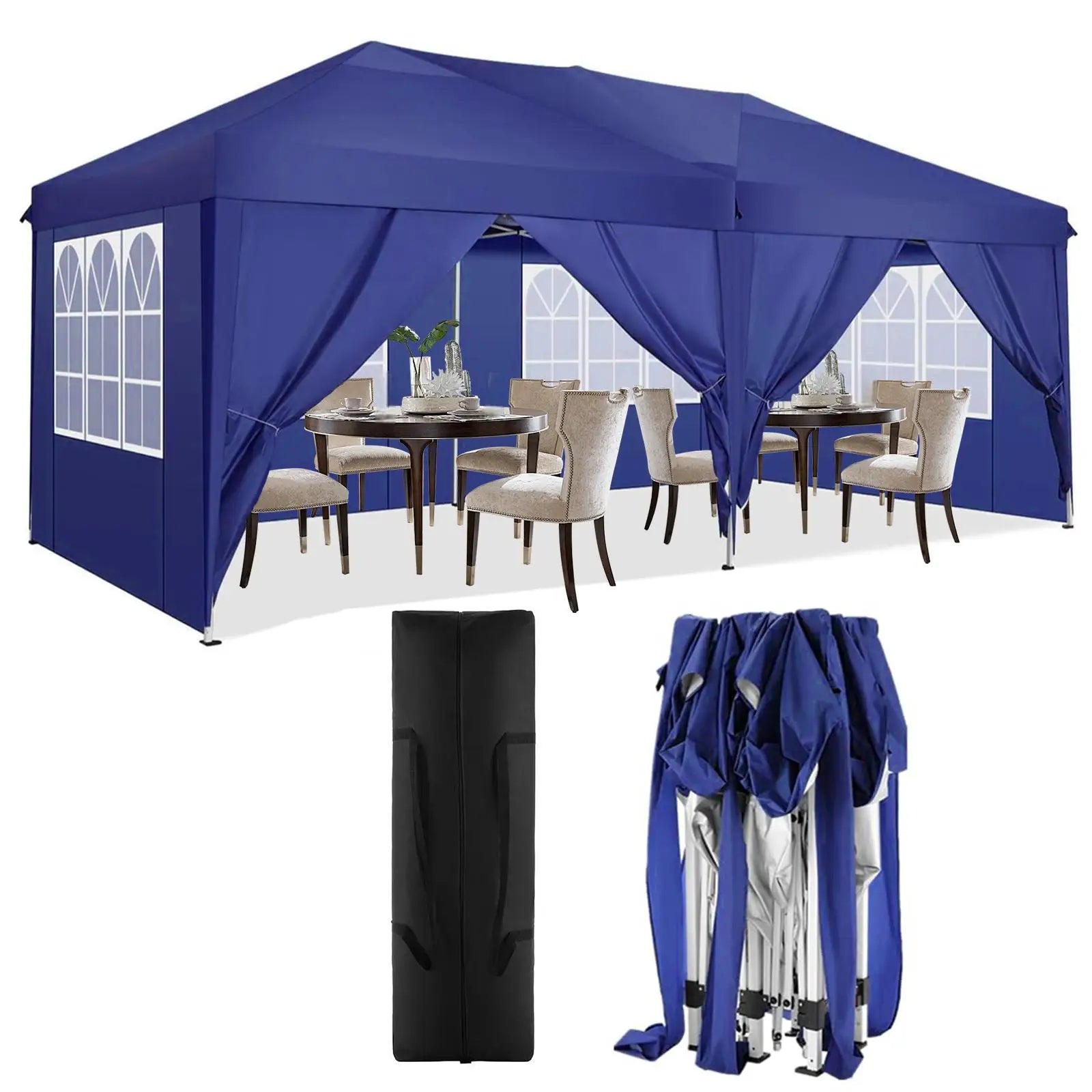 3x6 Meter Vouwtent – Partytent – Marktkraam – Overkapping – Tuintent – Roestbestendig Stalen Frame – Waterdichte 210D Oxford Stof - Marineblauw - QUORE