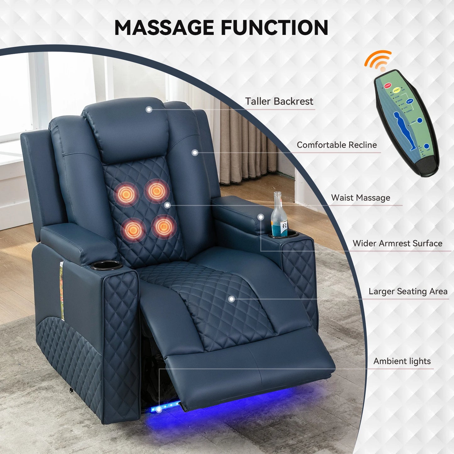 Elektrische Relaxstoel - Relaxstoelen - Massagestoel - Loungestoel - met Massagefunctie - en LED - Verstelbare TV Stoel - Loungebank - voor Woonkamer of Slaapkamer – Kunstleer - Blauw - QUORE