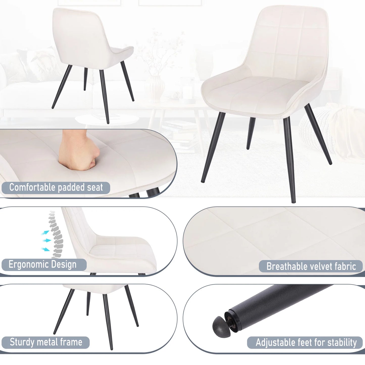 Eetkamerstoelen - Set van 4 - Ergonomische Fluwelen Keukenstoelen - Scandinavische Stijl - Crèmewit - 52 x 51 x 81,5 cm 3