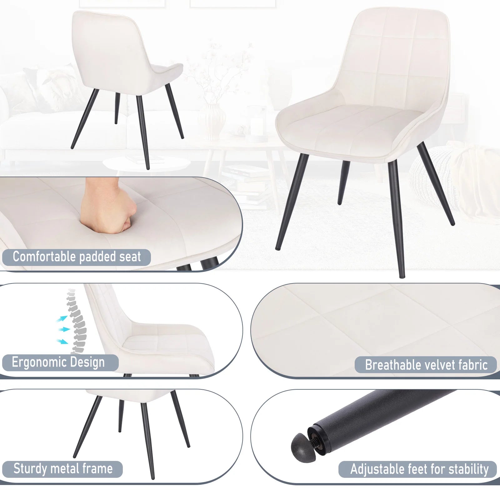 Eetkamerstoelen - Set van 4 - Ergonomische Fluwelen Keukenstoelen - Scandinavische Stijl - Crèmewit - 52 x 51 x 81,5 cm 3