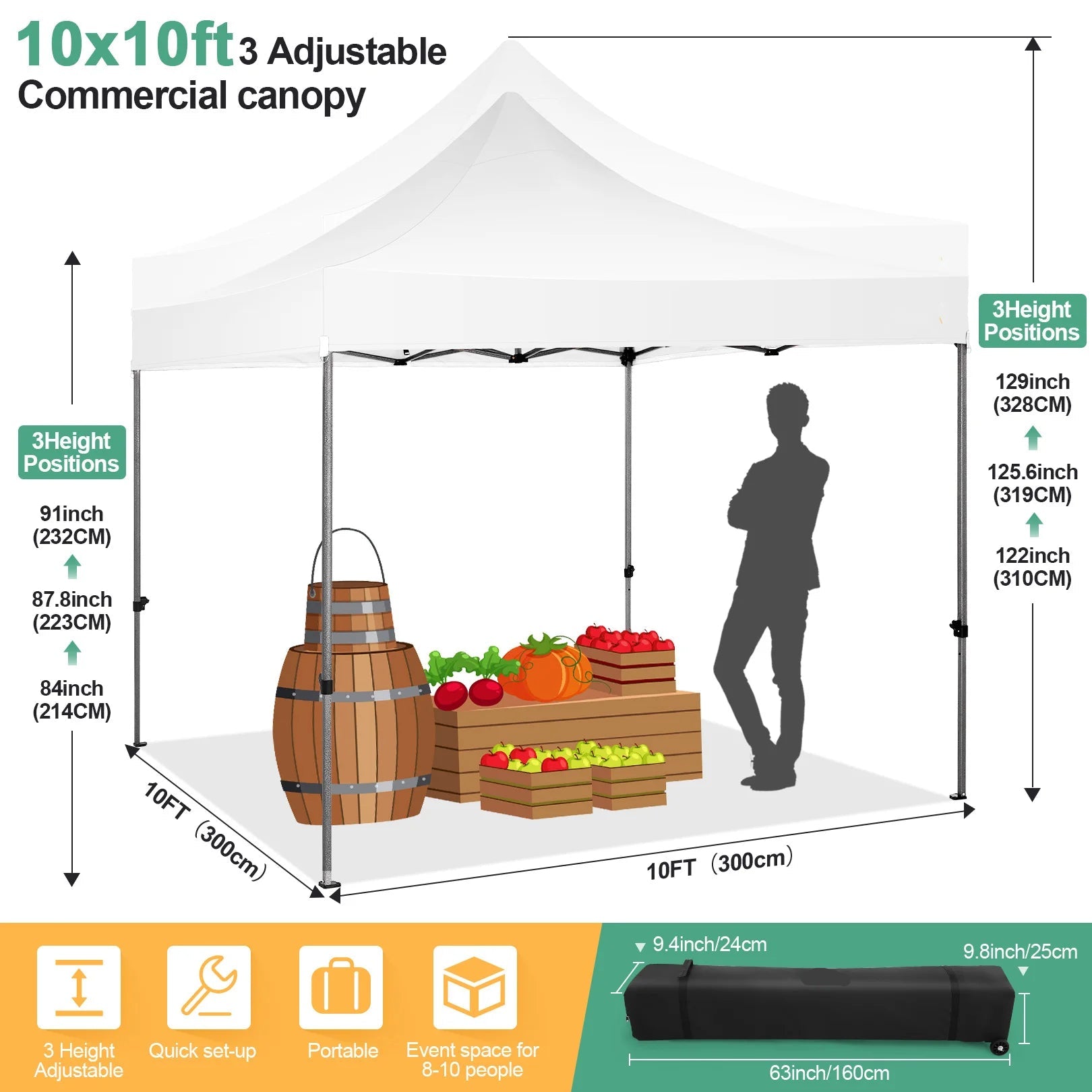 Tuinentent – Partytent – Pop-Up Luifeltent – Overkapping – Tent – Waterdicht Oxford Stof – Roestvrij Stalen Frame - 3x3m - Wit - QUORE