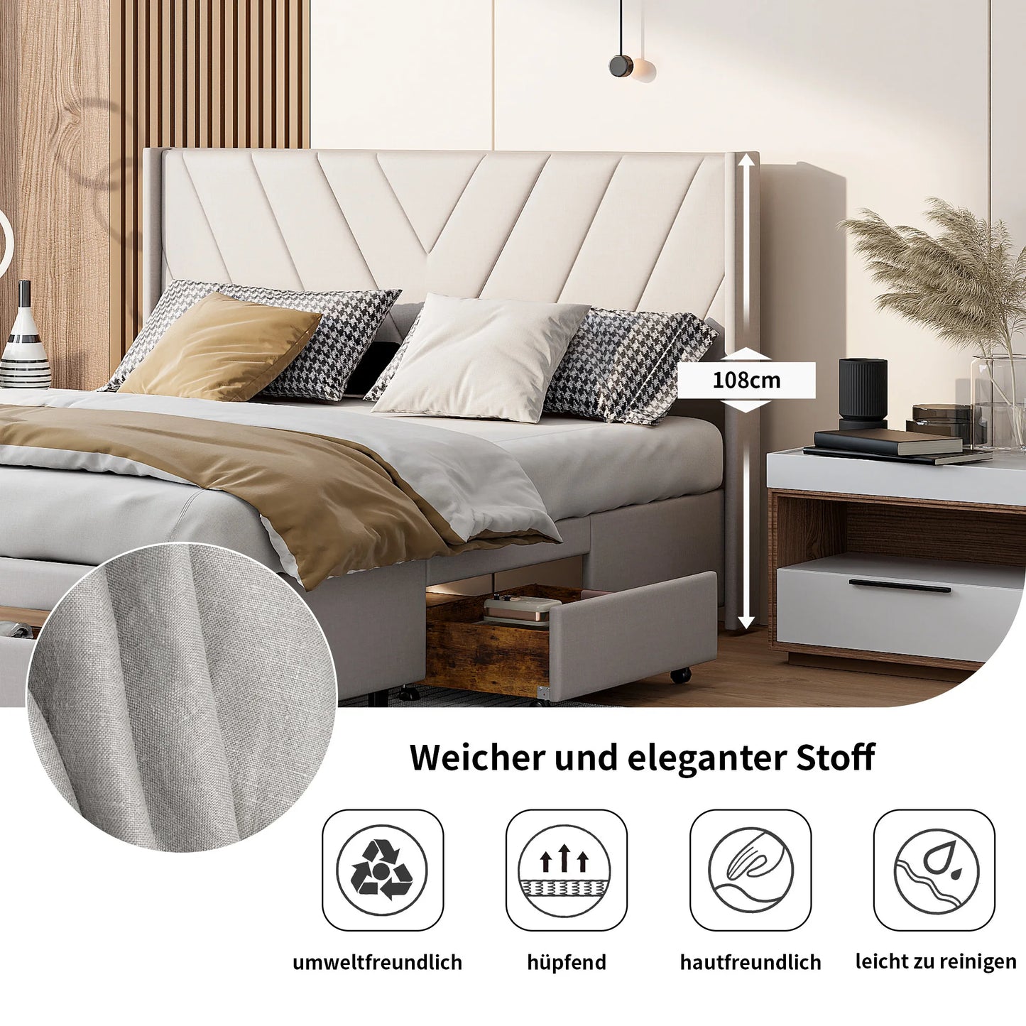 Tweepersoonsbed – Gestoffeerd Bed – Opbergbed – Ladebed – Linnen Bed – 160x200 cm – Met 3 Lades en Houten Lattenbodem