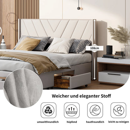 Tweepersoonsbed – Gestoffeerd Bed – Opbergbed – Ladebed – Linnen Bed – 160x200 cm – Met 3 Lades en Houten Lattenbodem